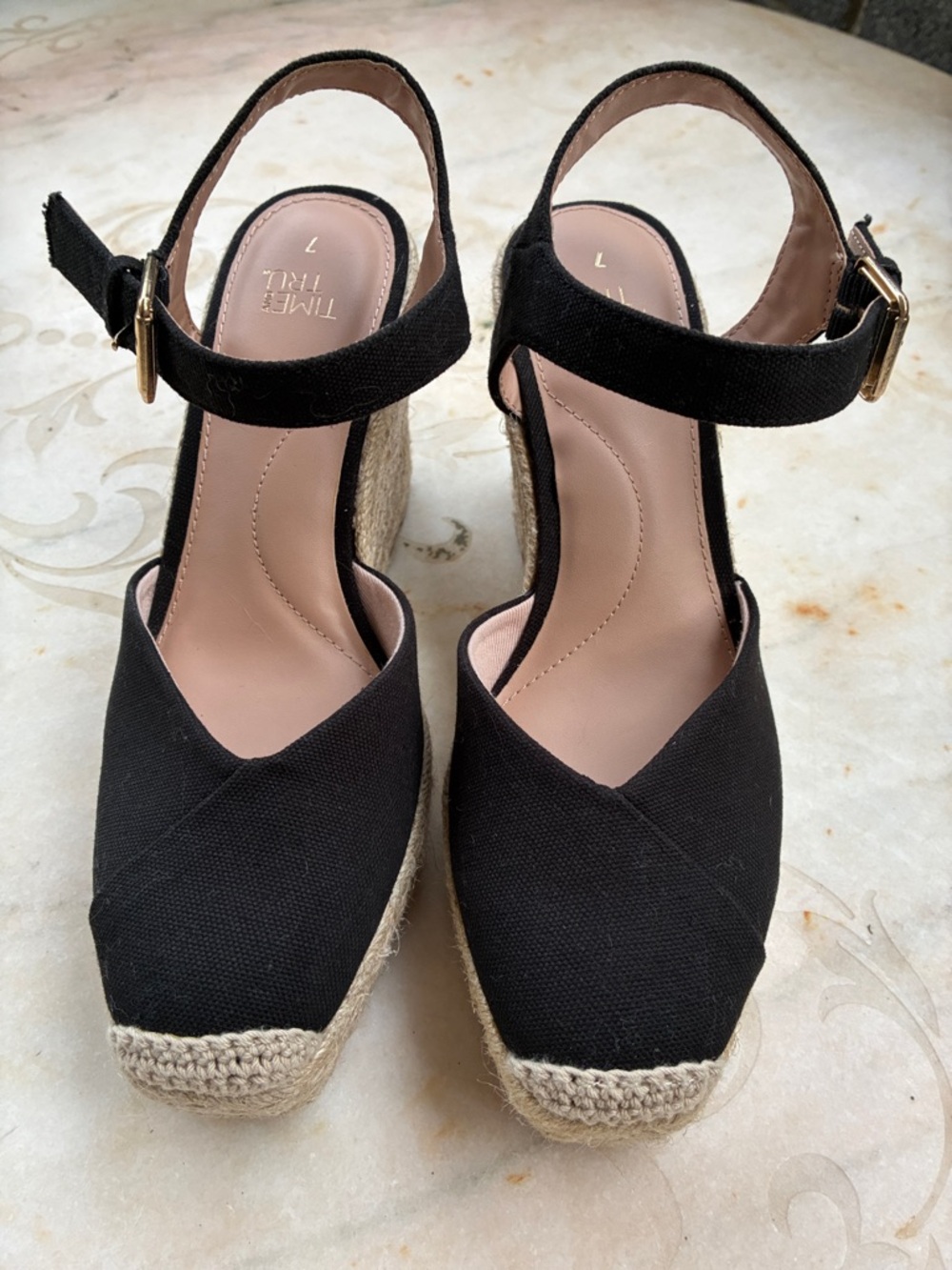 Time and Tru Black Canvas Espadrille Wedge Sandals Sz 7